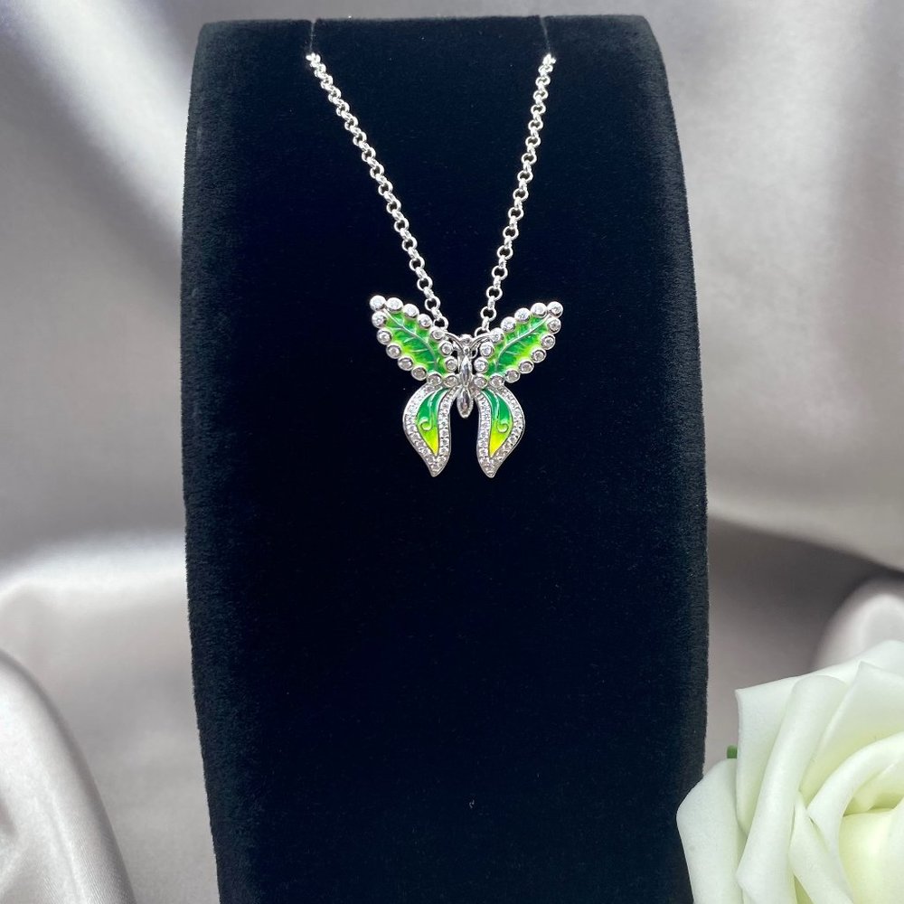 Sterling Silver CZ Enamel Butterfly Pendant on Sterling Silver Rollo Necklace